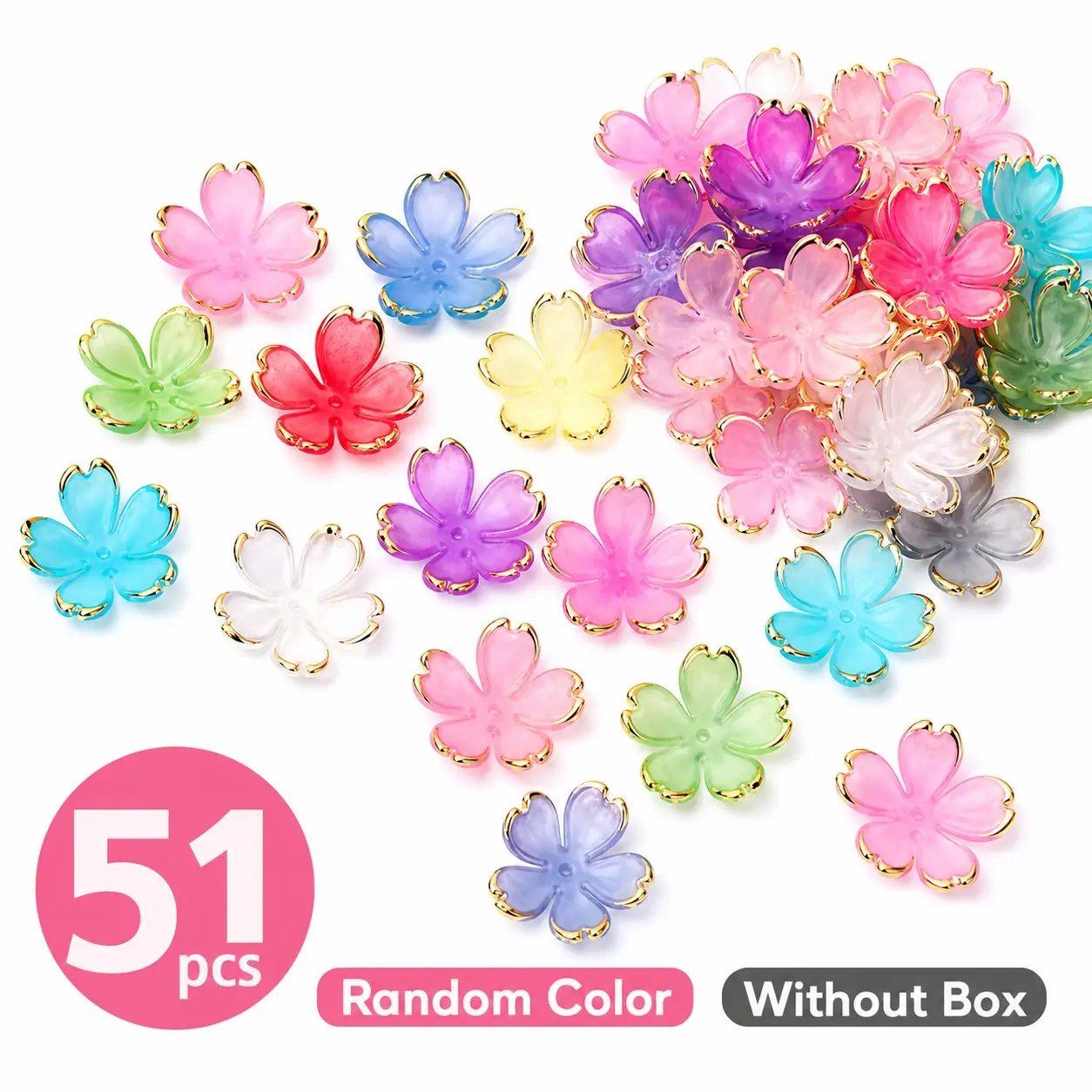 51pcs 19mm Gold Trim Gradient Cherry Blossom Beads, DIY Beading Accessories, DIY Jewelry Making, Traditional Hair Accessories, Mixed Colors, No Box Included