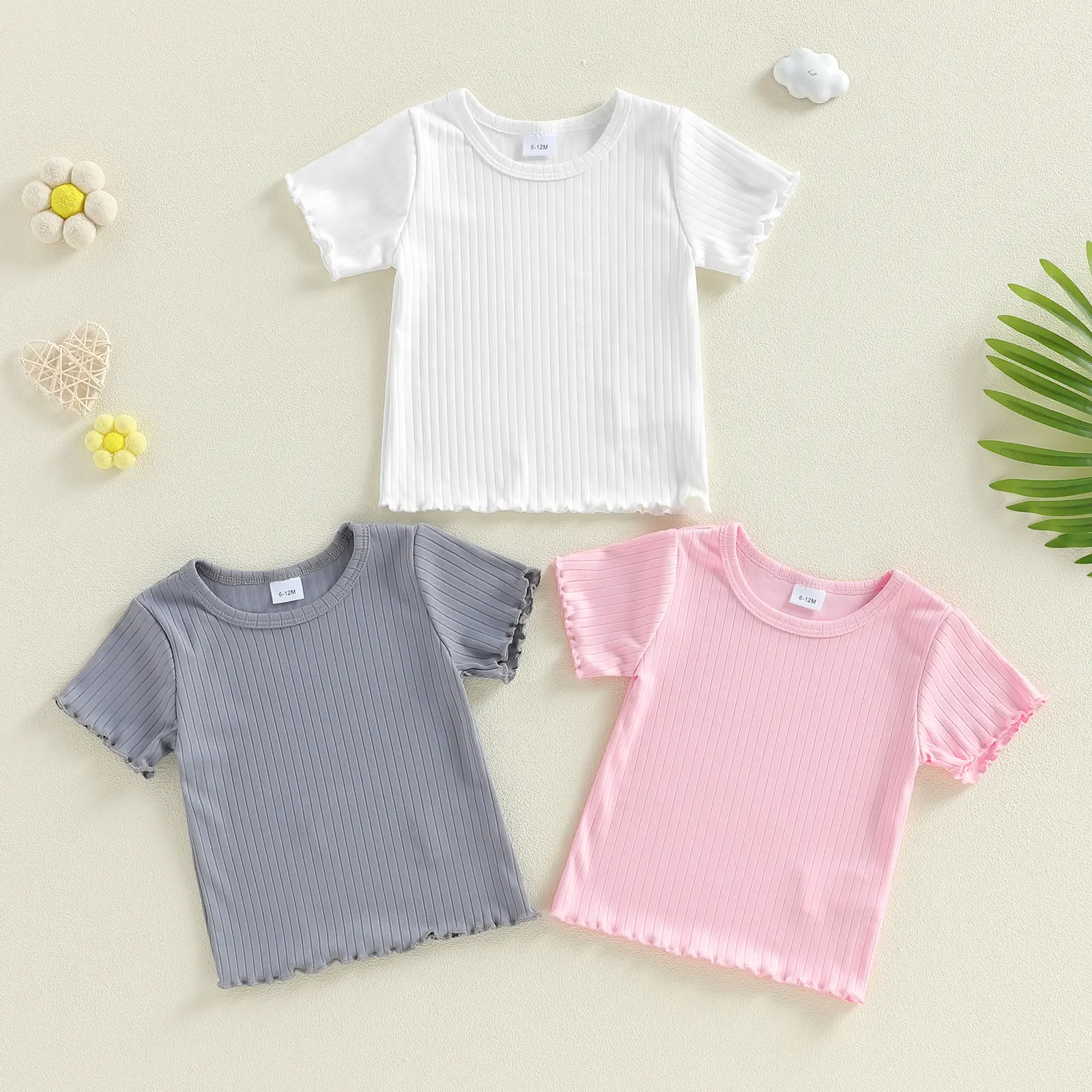 Canrulo Toddler Baby Boys Girls Solid Ribbed Short Sleeve Crew Neck Ruffle Trim T Shirts Casual Summer Tops 6M-5T