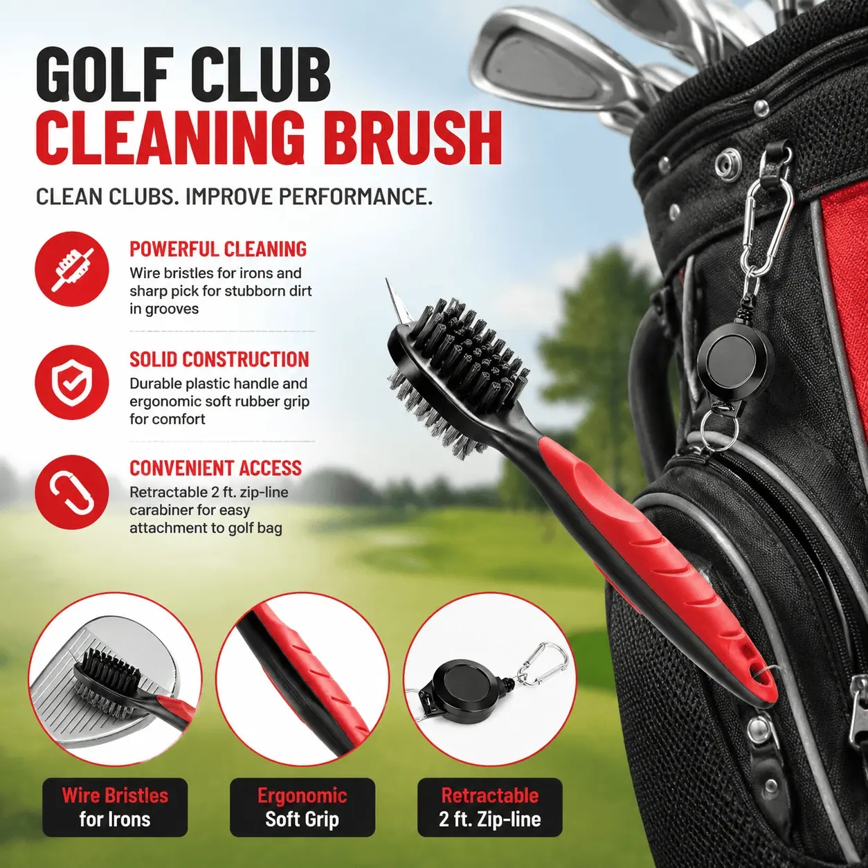 Portable Golf Club Groove Cleaner Set, Detachable Dual-Sided Brush for Rust Prevention with Spring Buckle. Durable Outdoor Sports Gear Maintenance Tool, Professional Golf Accessory, Golf Gadgets & Training Equipment.