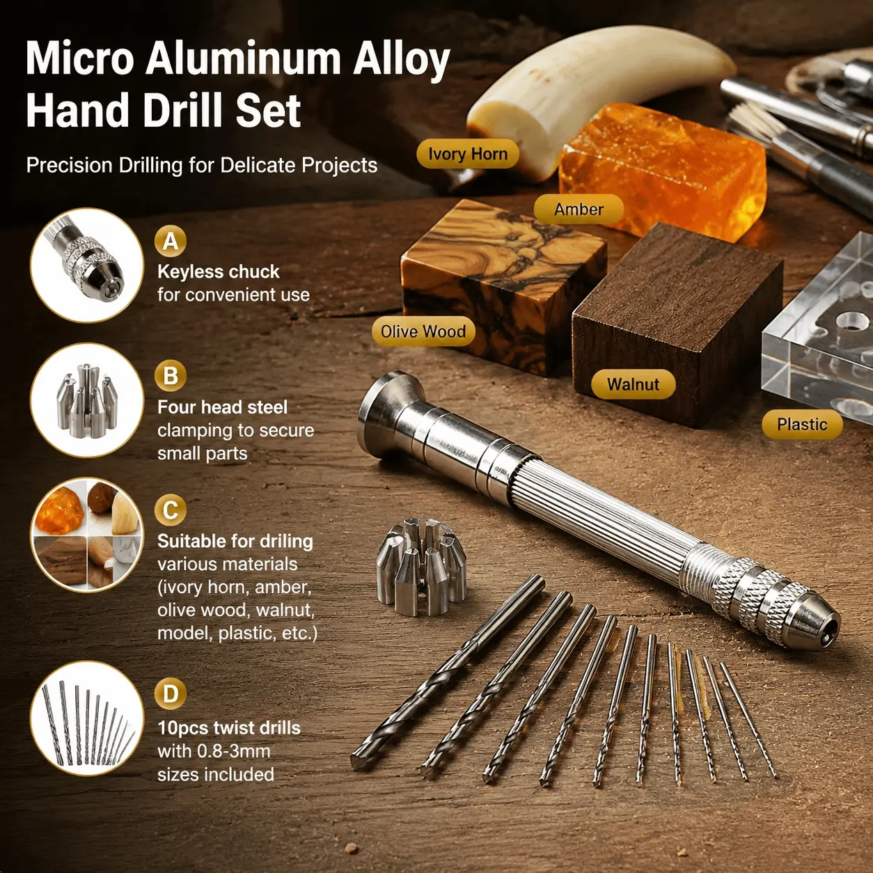 Mini Aluminum Alloy Hand Drill Set, Keyless Chuck Portable Manual Drill, Precision Micro Hand Drill Tool Kit with Twist Bits for DIY Model Making, Jewelry Woodworking Micro Drilling, Student Craft Supplies