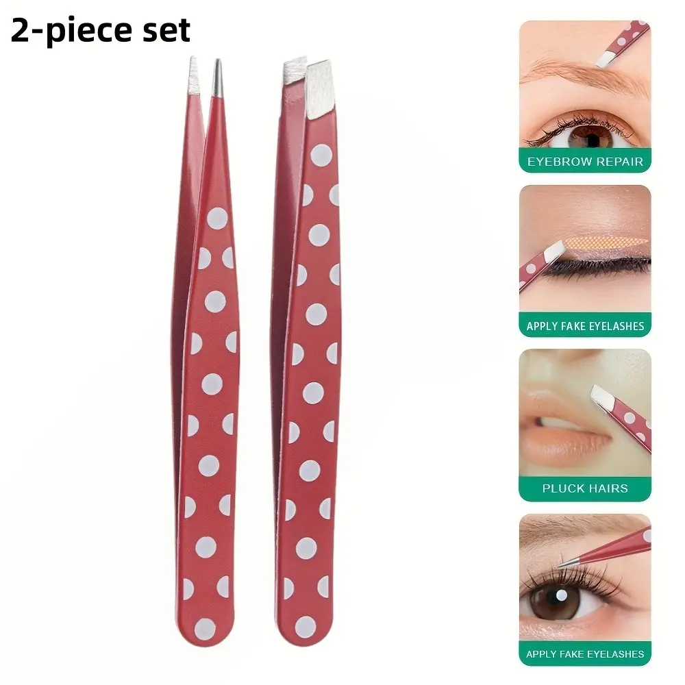 2-Piece Polka Dot Stainless Steel Eyebrow Tweezers Set 2Pcs, Precision Slant & Point Tip Tweezers for Facial Hair, Eyebrow Plucking, Women Beauty Grooming Tools