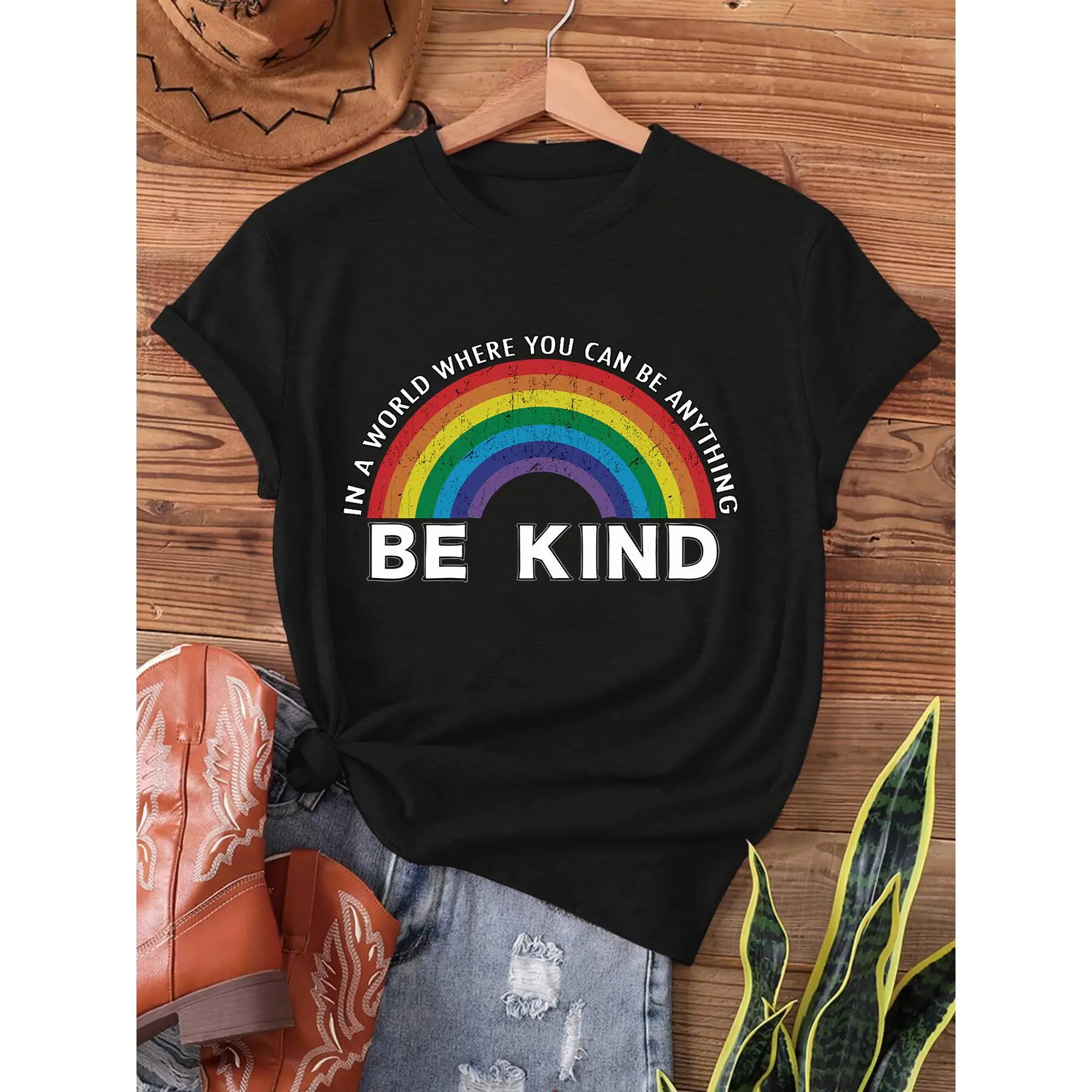 Distressed "Be Kind" Gay Pride LGBT Print T-Shirt, Short Sleeve Crew Neck Casual Top for Summer & Spring, Women's Clothing