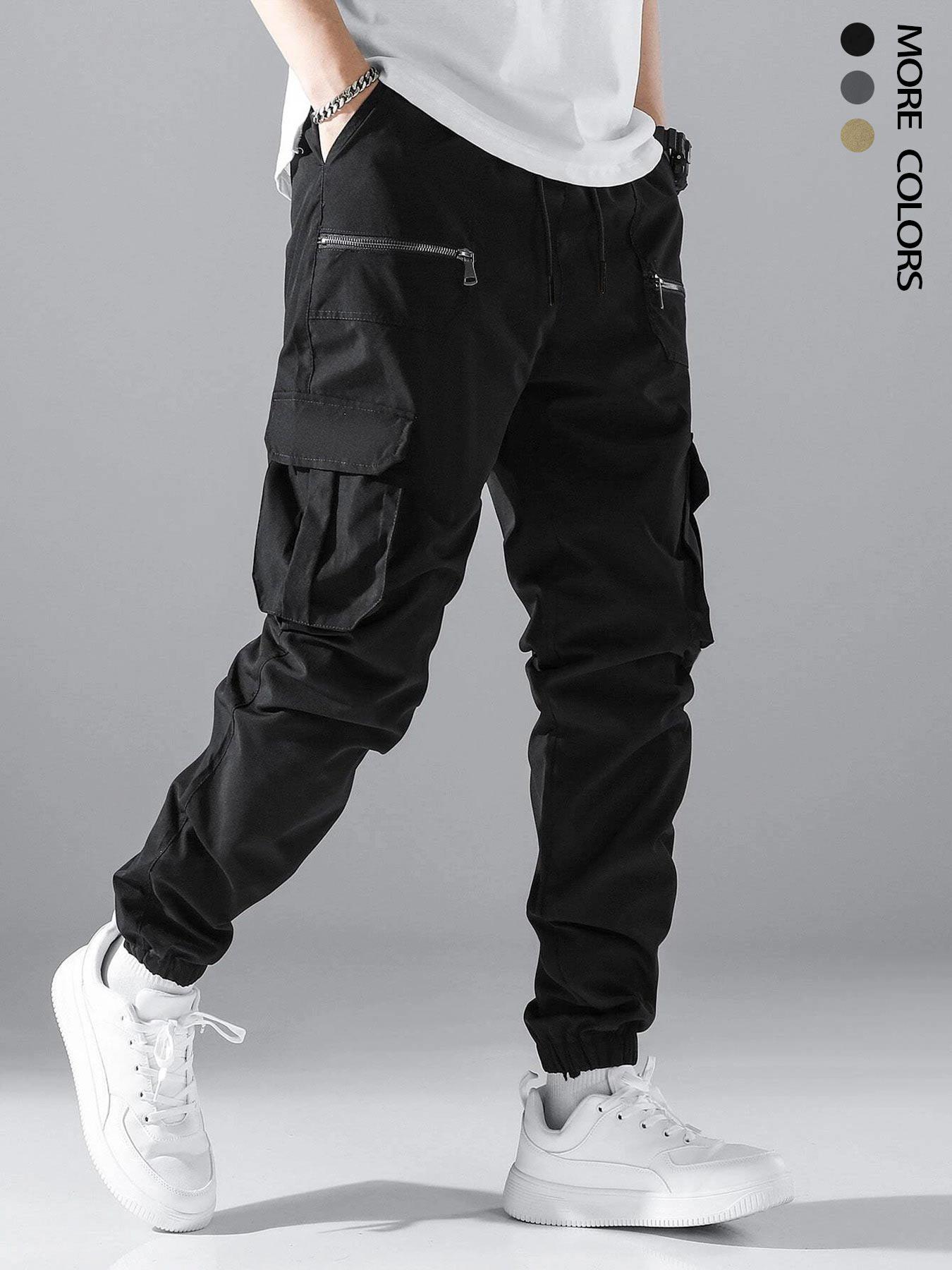 Men's Loose Solid Color Cargo Pants with Drawstring Waist and Pockets, Street Fashion Jogger Trousers for Daily and Outdoor Wear, Suitable for All Seasons