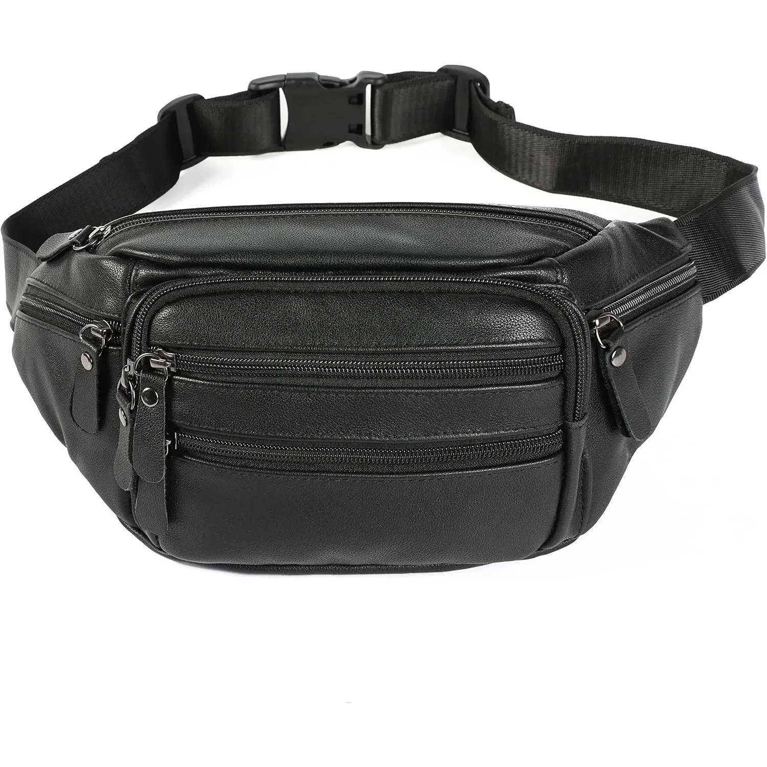 Black Leather Fanny Pack for Men & Women, Fashionable Multi-Pockets Waist Belt Bag for Travel Sports Hiking Cycling Fishing Running