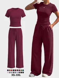 Game Day Ready: Urban Minimalist Lounge Set | Summer Relaxed Fit Solid Tee & Drawstring Wide Leg Pants | Soft Breathable Travel & Home Outfit