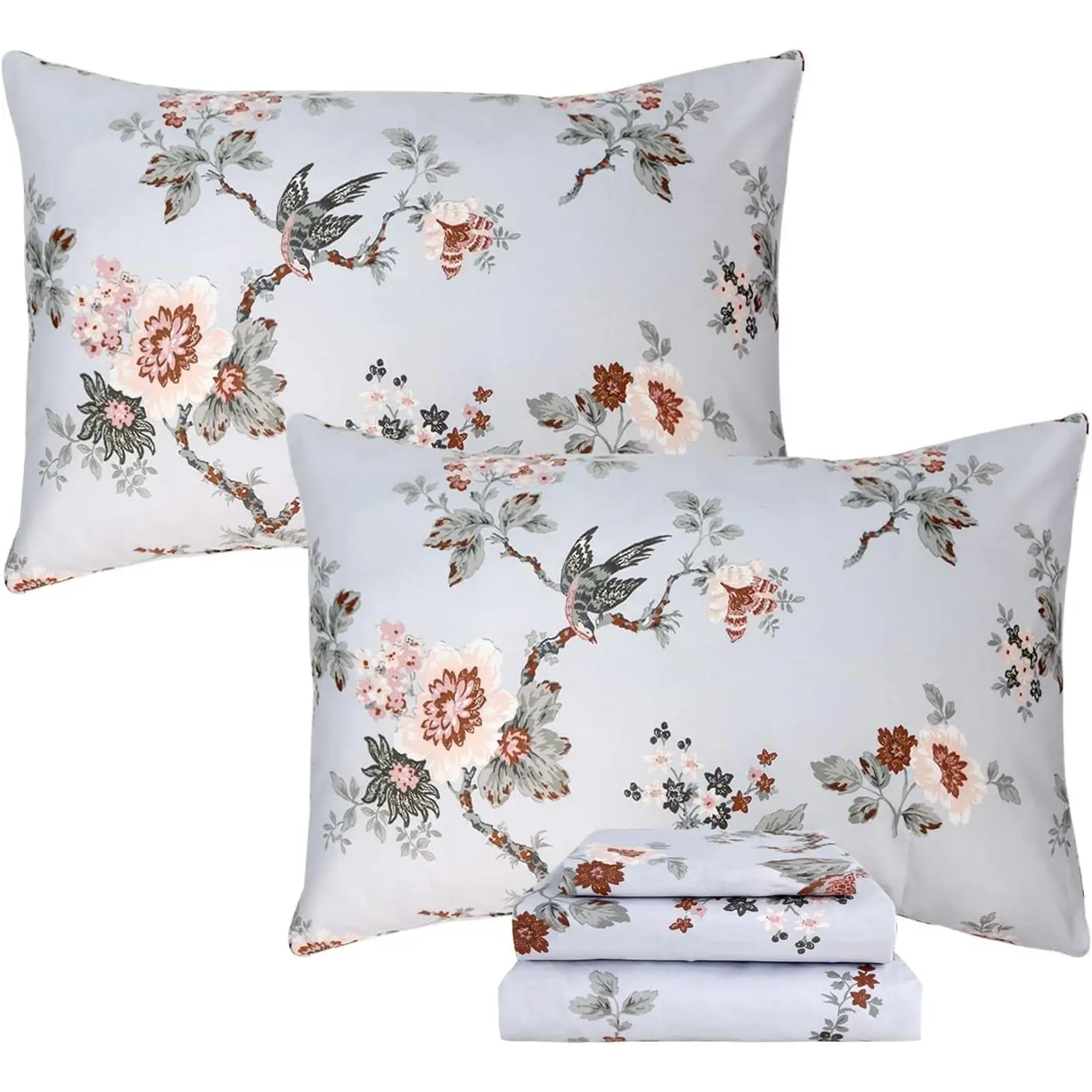 Sheets Set Twin XL Elegant Floral Bedding Shabby Grey Bird Print College Dorm Room Bedding Vintage Farmhouse Sheets 100% Cotton Bed Sheet Set with Deep Pocket Fitted Sheet 4Pcs, Twin XL Size