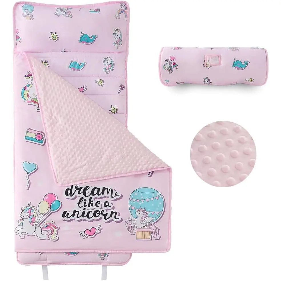 Toddler Nap Mat, Rollup Design Kid Sleeping Mat with Removable Pillow & Minky Blanket, Toddler Sleeping Bag for Daycare Preschool Travel Camping