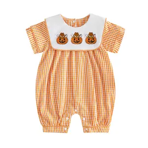 Infant Baby Girl Halloween Bubble Romper Plaid Pumpkin Embroidered Short Sleeve Jumpsuit Cute Fall Clothes 0-18 Months