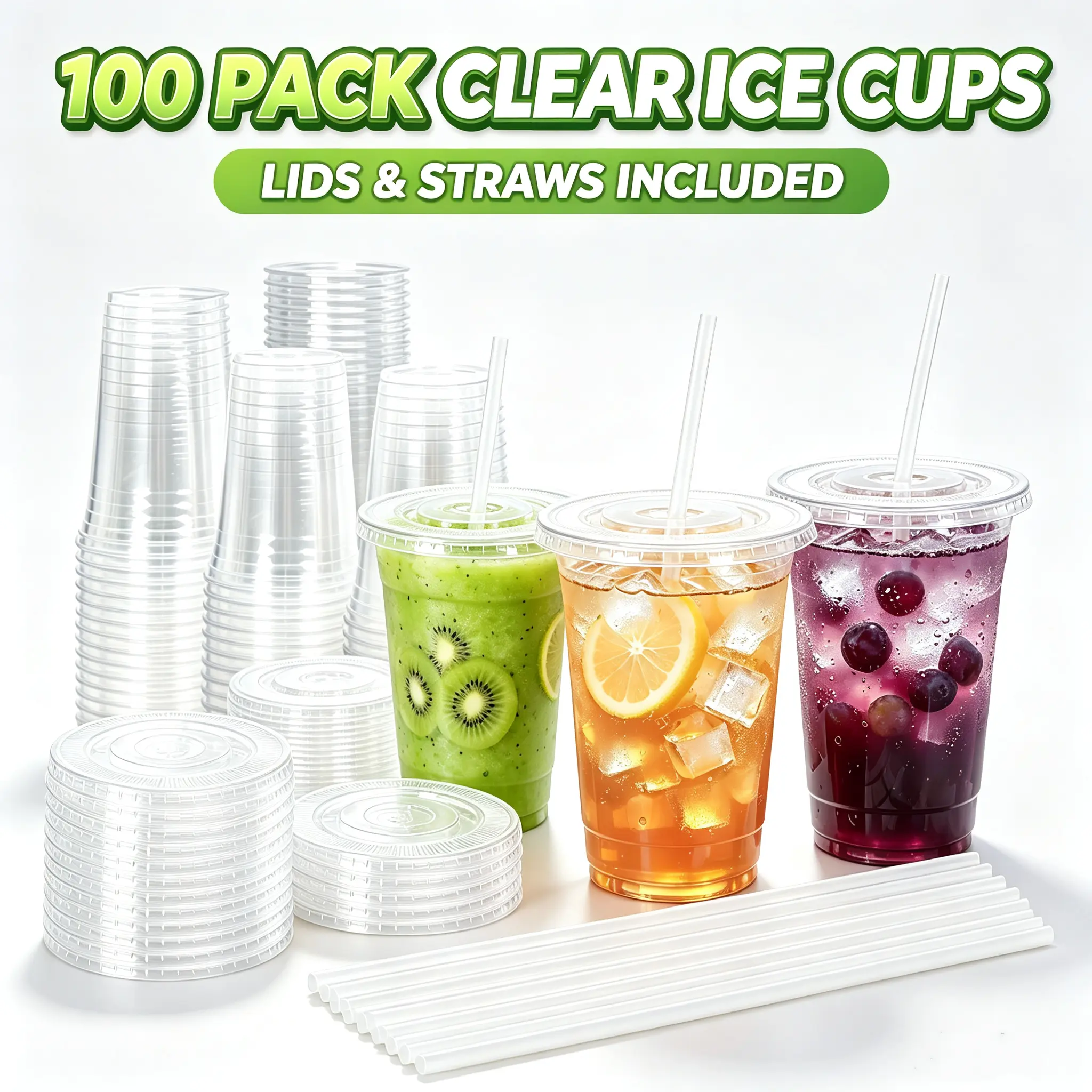 100/50 Pack Disposable Clear Plastic Iced Coffee Cups with Lids & Straws, 16oz/20oz/24oz Portable Cold Drink Cups for Camping, Travel, BBQ & Outdoor Parties, Suitable for Juice, Milkshakes & Daily Beverages