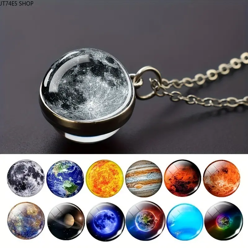 Solar System Planets Glass Ball Pendant Necklace - Adjustable Length, High Transparency, Crystal Metal, Everyday Wear Fashion Jewelry Gift for Men & Women, Celestial Icon Necklaces, Chain Jewelry Necklaces
