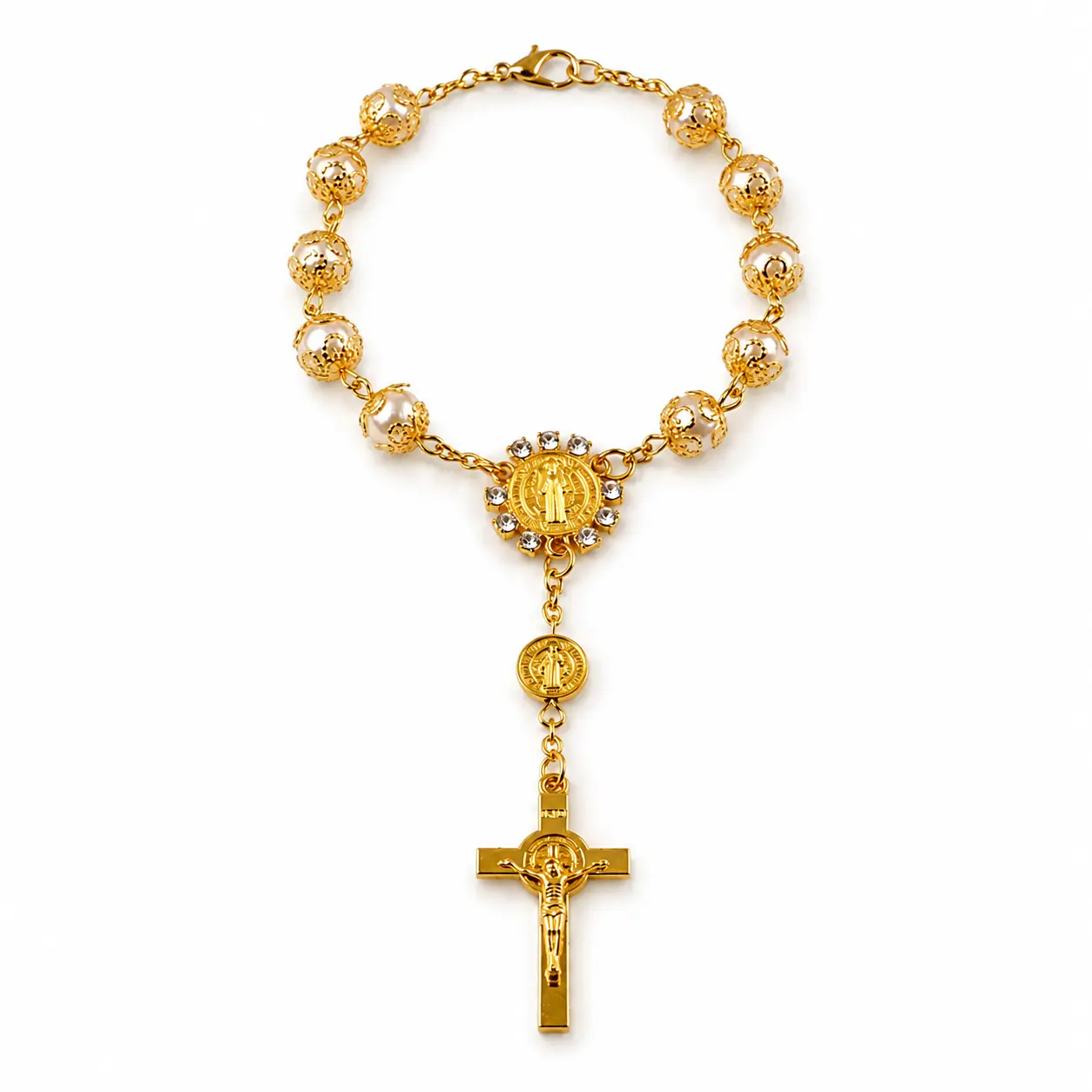 Gold Saint Benedict Bracelet, Cross Rosary Beaded Bracelet for Women, Christian Faith Jewelry Gift