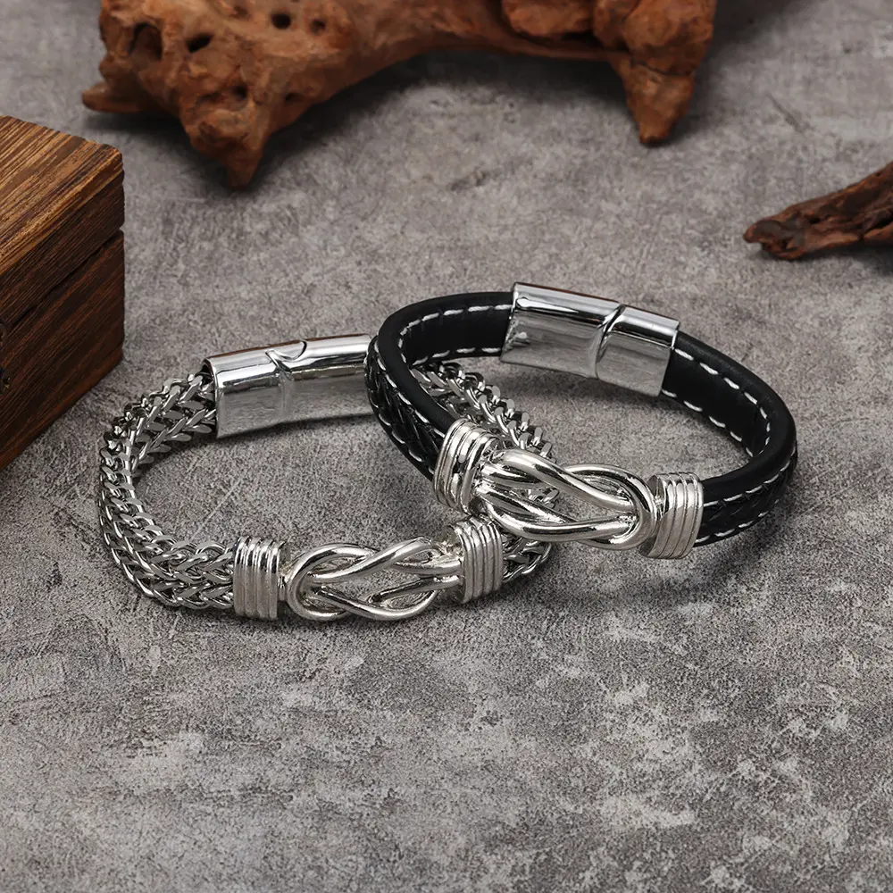 Braided Pu‑Leather Magnetic‑Clasp Bracelet, Men'S Punk Geometric Alloy Bangle, Edgy Structured Look For Daily Trendy Accessory Matching