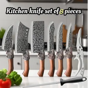 Seven-piece multi-purpose knife set, high-quality professional chef knife set, hand-forged stainless steel knives, including chef knives, multi-purpose knives, bone knives, kitchen scissors and super-sharp scissors with handles, kitchen supplies