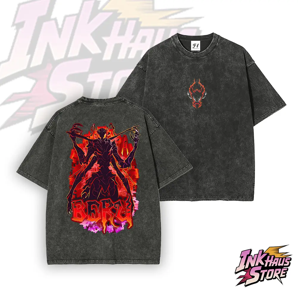 Red Flame Multi-Arm Demon Beryu Graffiti Letter Print Vintage Washed Oversized T Shirt Men Gothic Streetwear