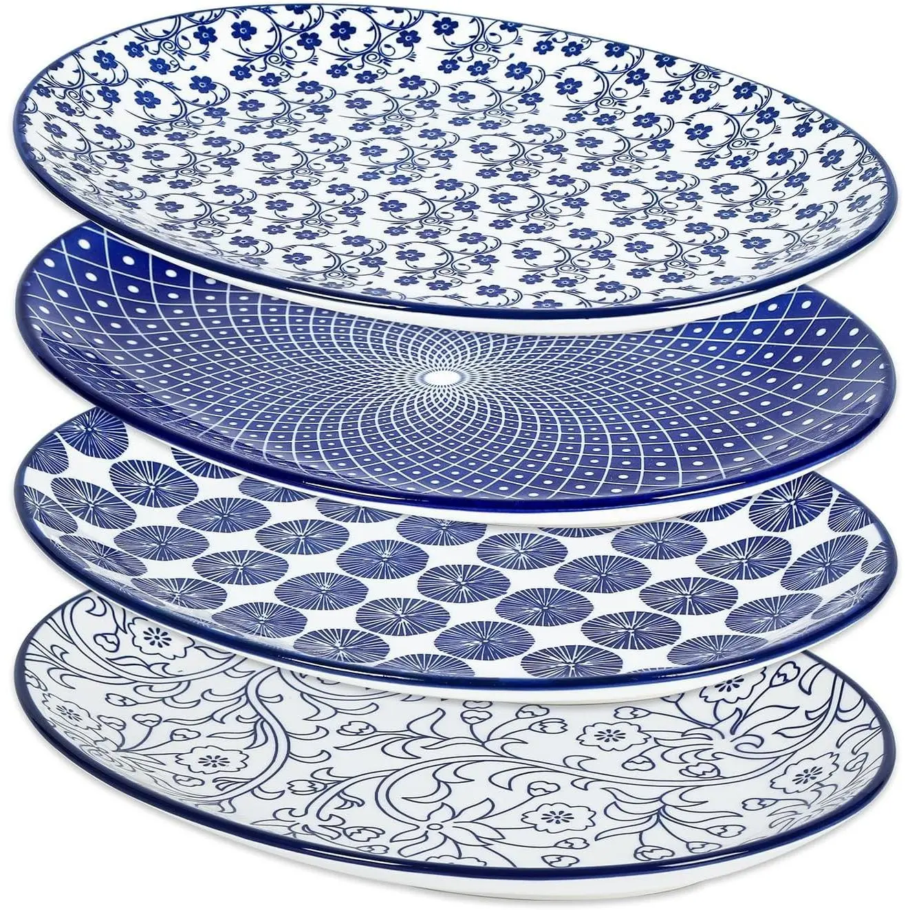 Selamica 14 Inch Large Oval Ceramic Serving Platter Set of 4, Vintage Blue Serving Dishes Trays for Party Entertaining, Oven & Microwave Safe, Ideal for Steak, Cake, Dinner, Fruit