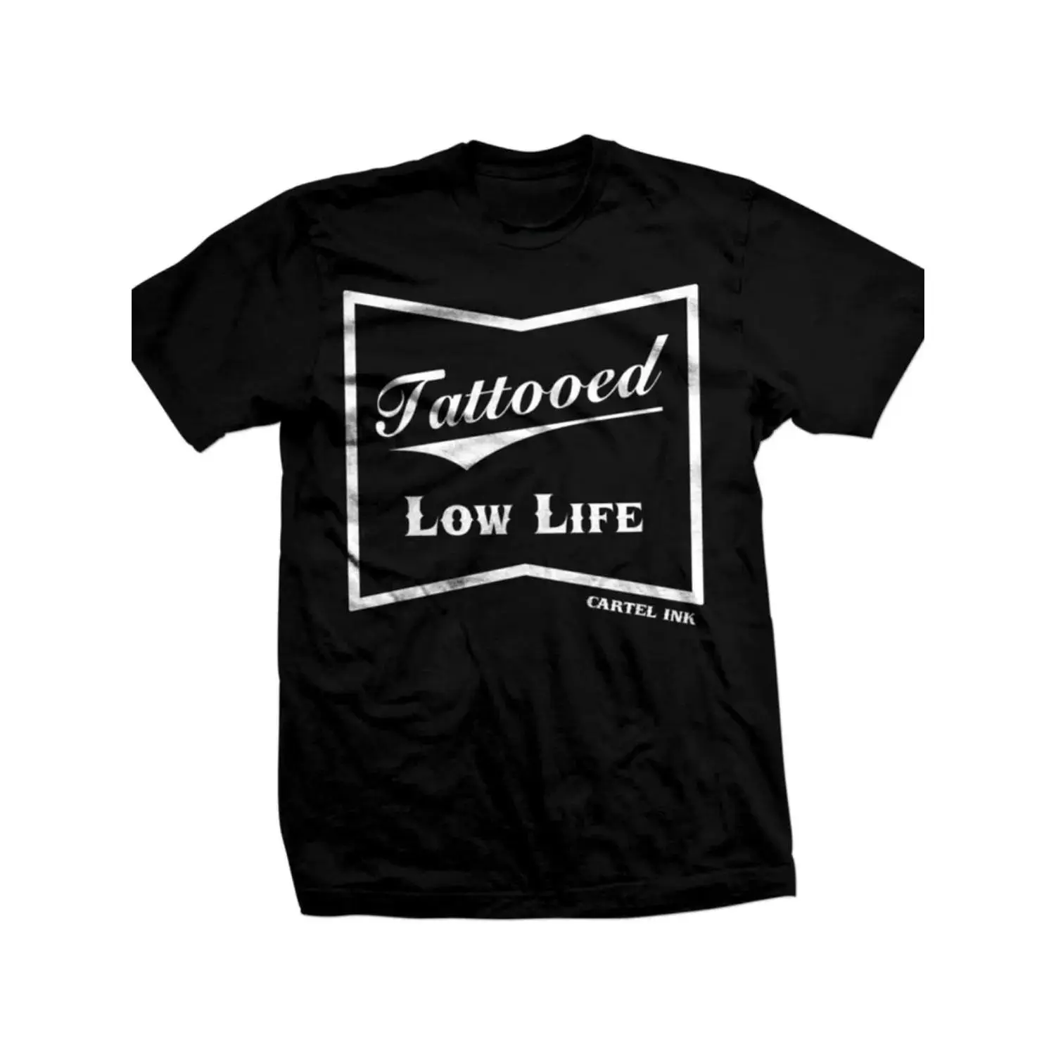 Menswear Cartel Ink Tattooed Low Life Graphic T-Shirt - Men's Fitted Black Short-Sleeve Casual Round-Neck Top, Black-T Shirt, Shortsleeve