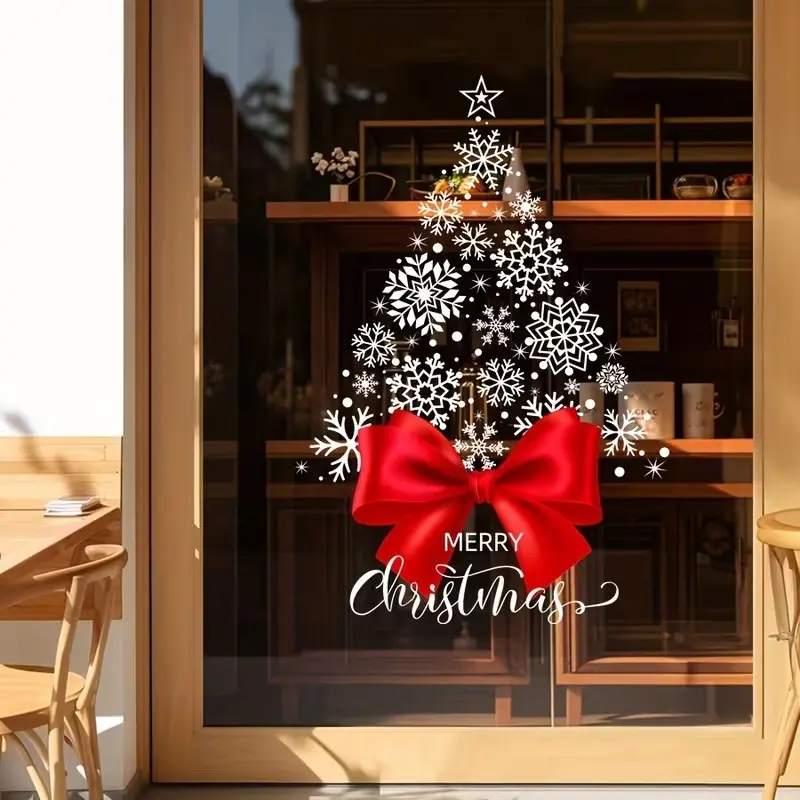 45cm X 23.62in Christmas Window Sticker, Bow Snowflake Tree Glass Decal, Festive Party Decor, Static Adhesive Wall Door Stickers