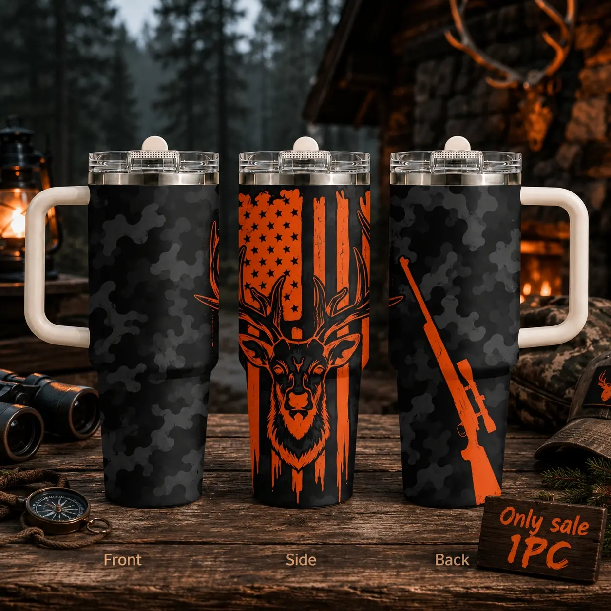 US Camouflage Deer Hunting Vacuum Flasks 40oz 3rd Gen Vacuum Insulated Tumbler with Handle & Straw Lid, Leak-Proof Stainless Steel Travel Mug for Water, Coffee, Gym, Office, Car Cup Holder, Drinkware