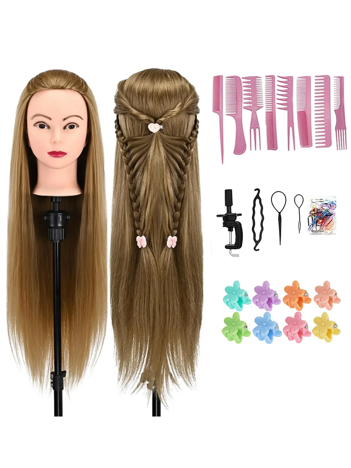 28 Inch Styling Head for Hairdressers, 100% Synthetic Fibres, Includes Free Clamp and DIY Braiding Set, Ideal for Training and Practice, Practice Head Mannequin