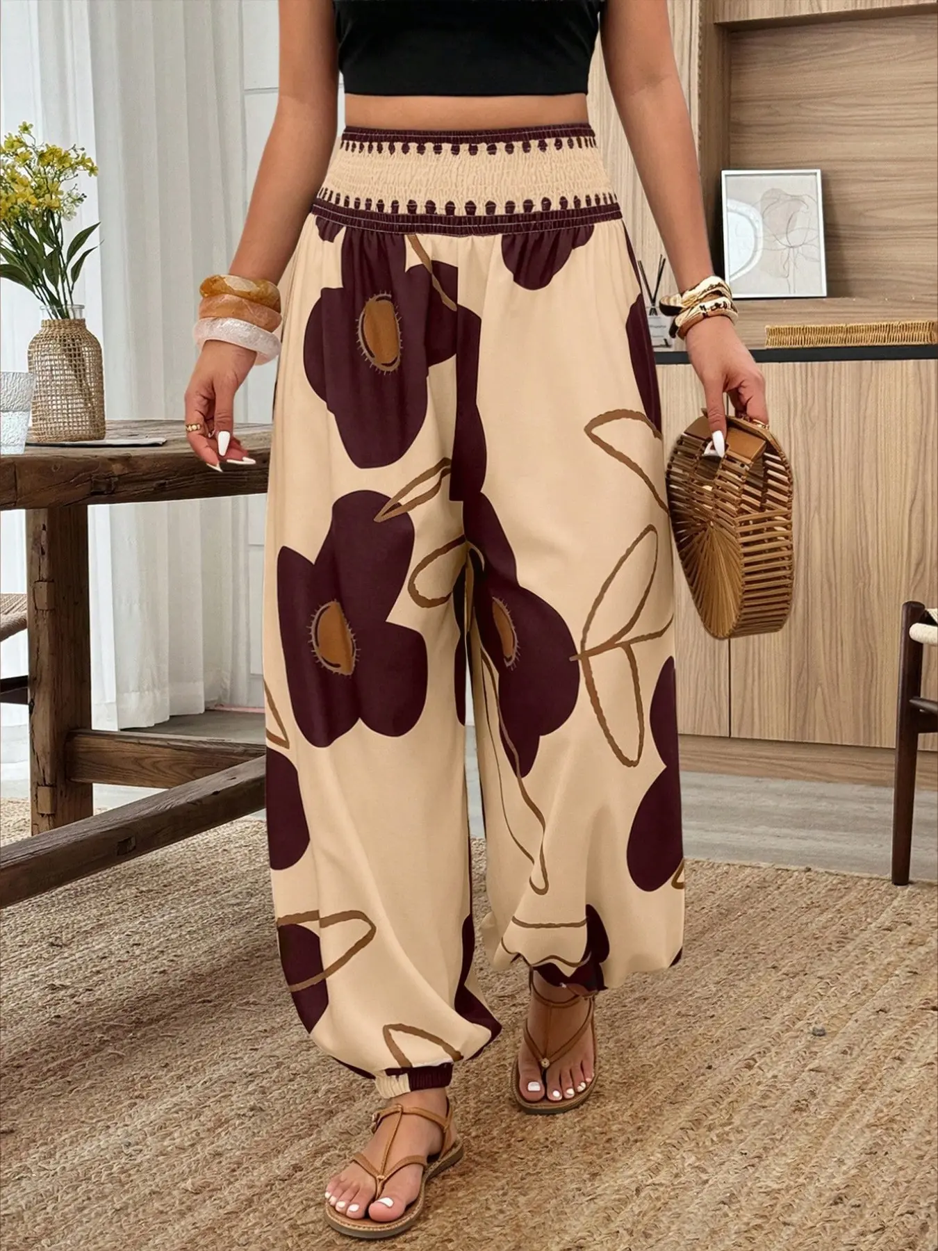 Women's Elastic Waist Lantern Pants, Perfect for Summer Vacation, Printed Bohemian Casual Resort Pants, Fashionable Summer