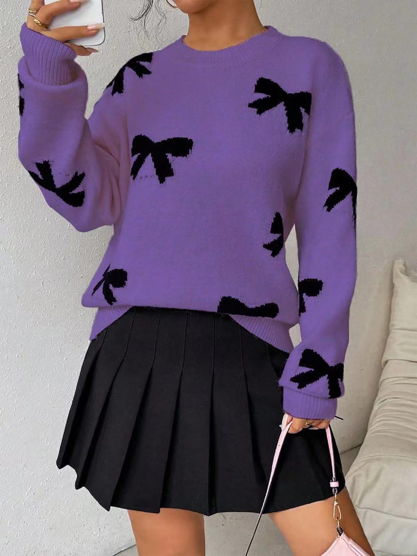 Women's Fashion Bow Print Casual Loose Knit Sweater, New Long Sleeve Pullover for Autumn and Winter, Knitwear, Tops