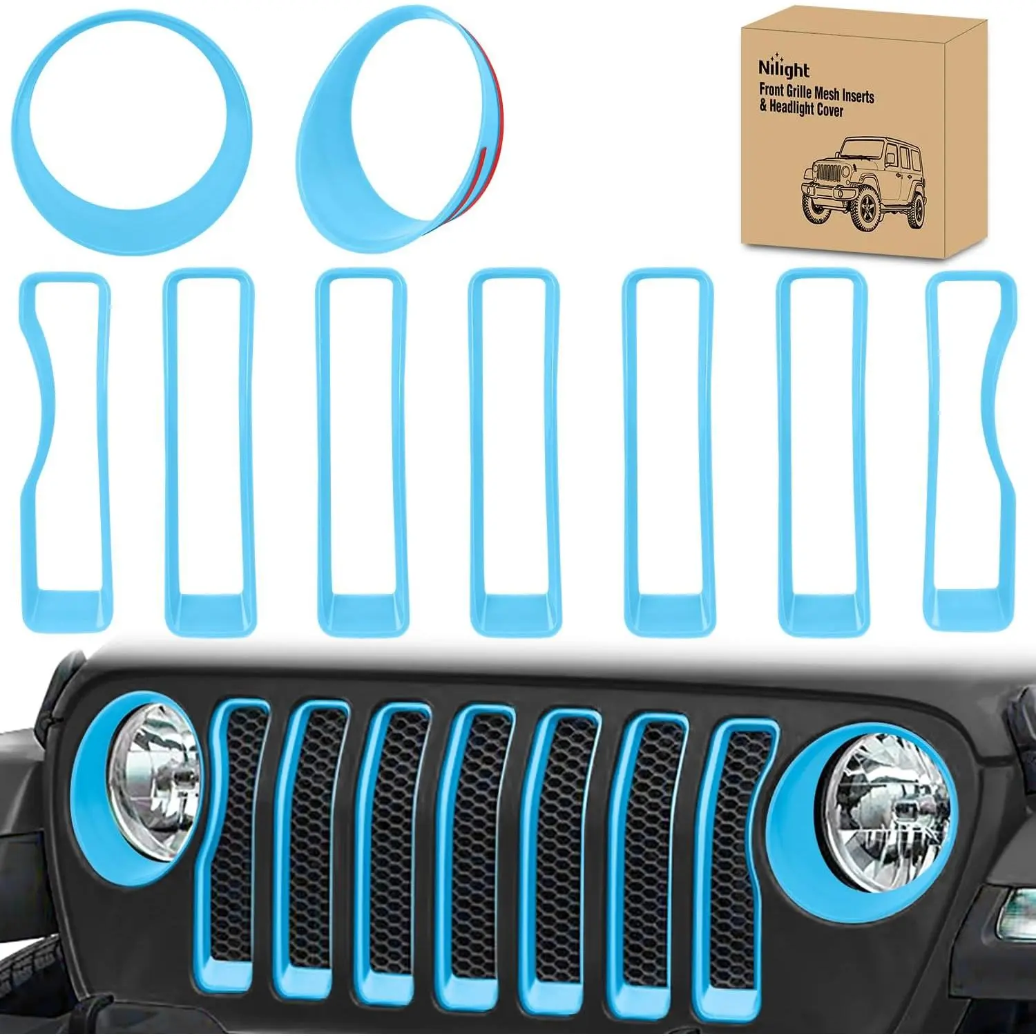 Nilight Grill Inserts & Headlight Cover Set for Jeep Wrangler JL JLU Unlimited Sport SportS 2018-2023, 9 Pcs Grille Bezels Trim & 2 Pcs Covers, High-Strength ABS Car Accessories with Strong Double-Sided Tape (Blue/Pink/Red), 7+2 Pieces, Impact‑Tested