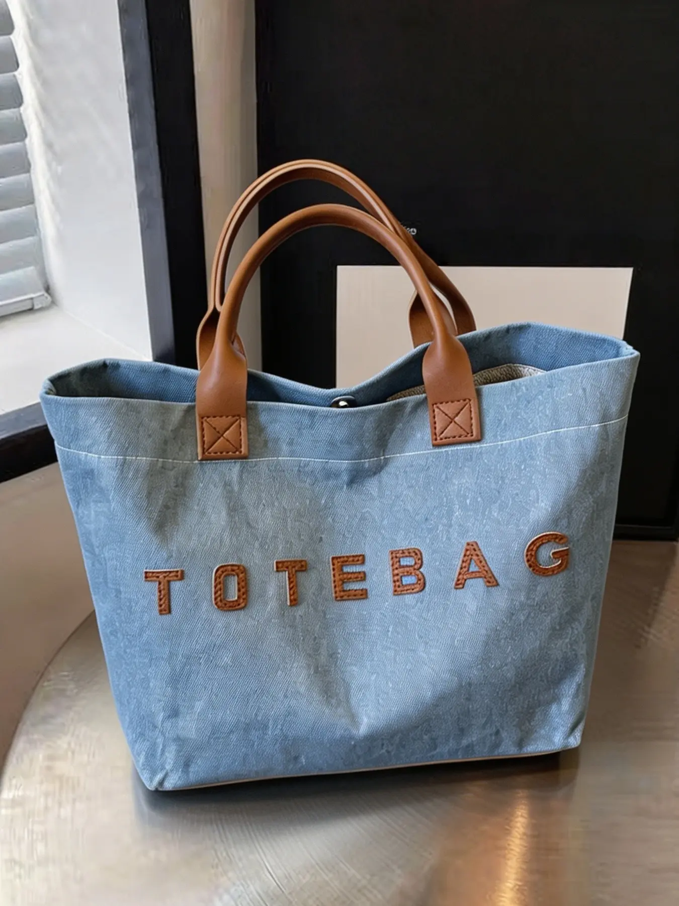 Retro minimalist denim letter tote bag, casual textured sweet & cool style large-capacity daily commute handbag, Daily Commuter Tote