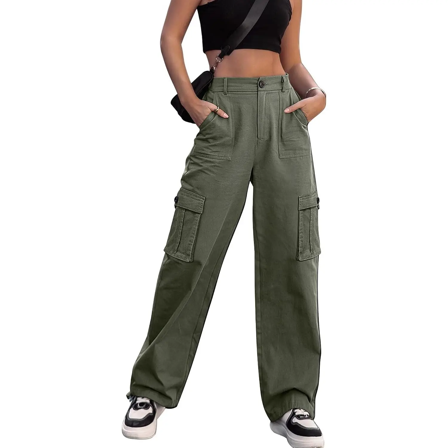 Women's High-Waisted 6-Pocket Wide-Leg Cargo Bottoms - Casual Military Combat Trousers, Basic Garment for Birthday Outfits
