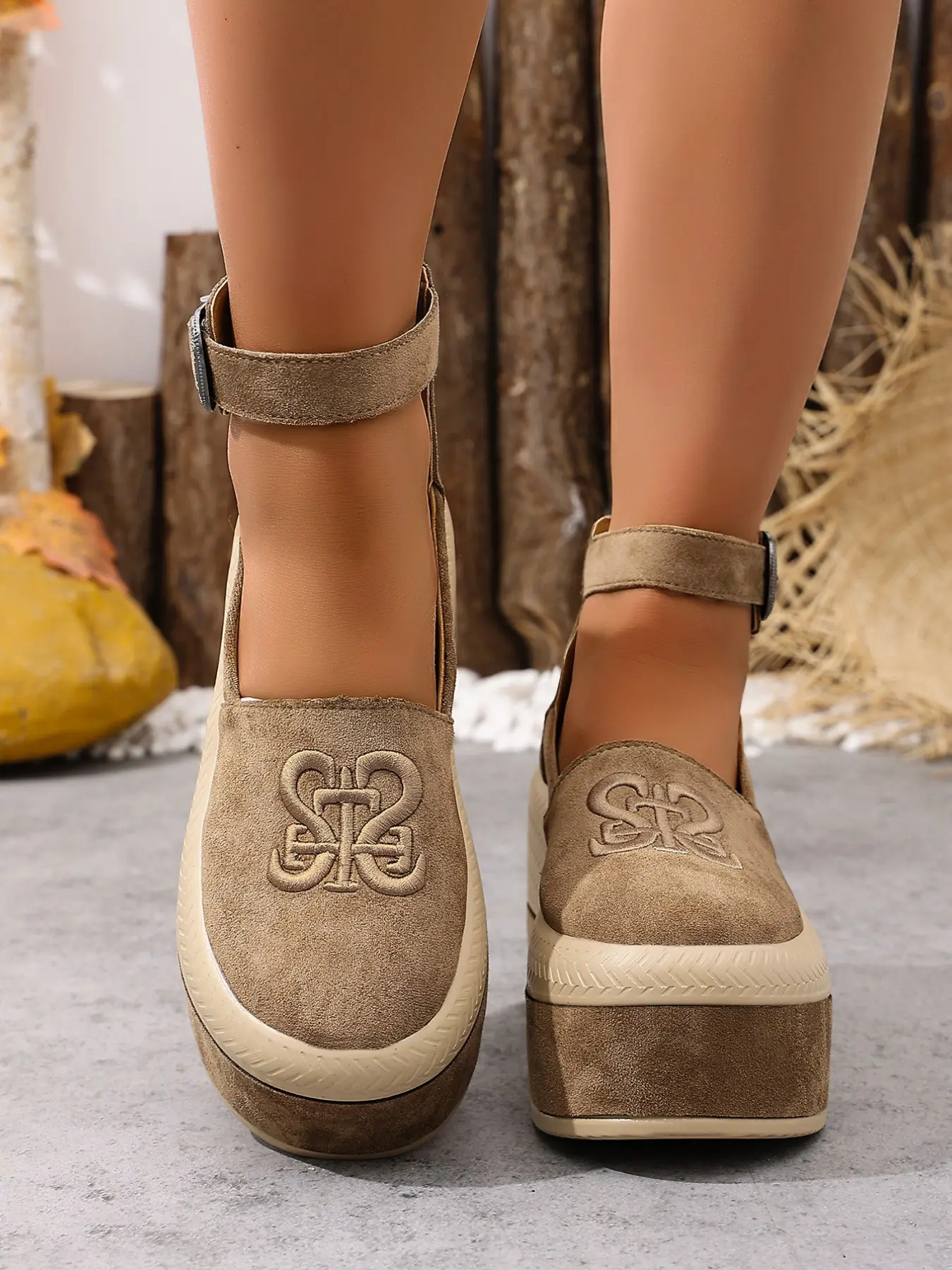 Vintage Double Strap Wedge Heeled Shoes for Women, Round Toe Waterproof Platform Mary Jane, Ankle Buckle Height Boost Casual Shoes, Platform Wedges