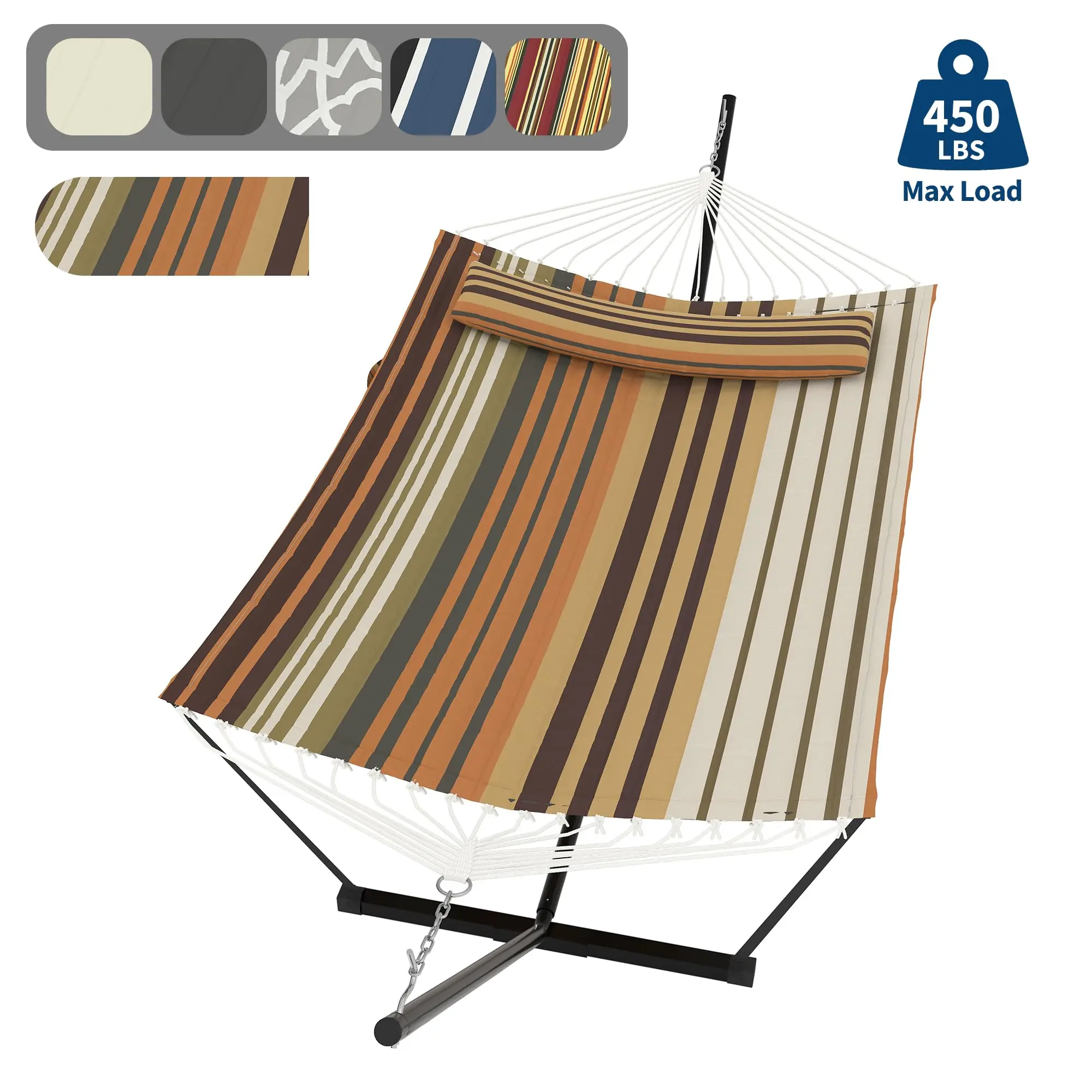 GAOMON Quilted Double Hammock with Adjustable Heavy Duty Steel Stand - 2 Person, Up to 500lbs, Detachable Pillow & Storage Pocket, Perfect for Patio, Backyard, Garden or Beach