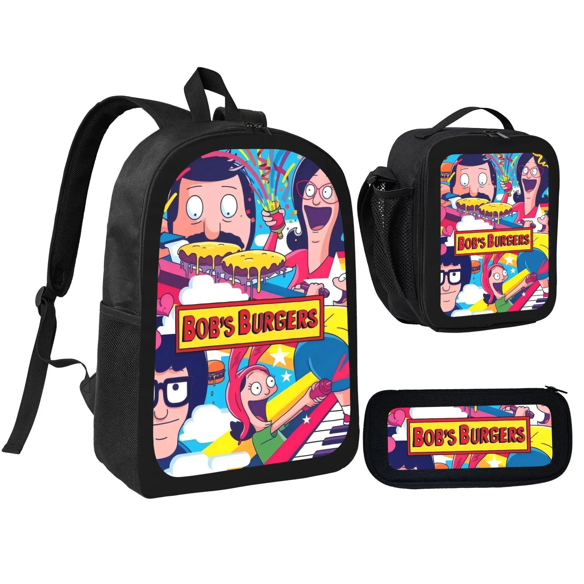 Bob's Burgers Graphic Themed 3-Piece Set - Unisex Student Backpack, Pencil Case, Lunch Bag Bundle for School Fans' Daily Use, Functional Themed Accessories