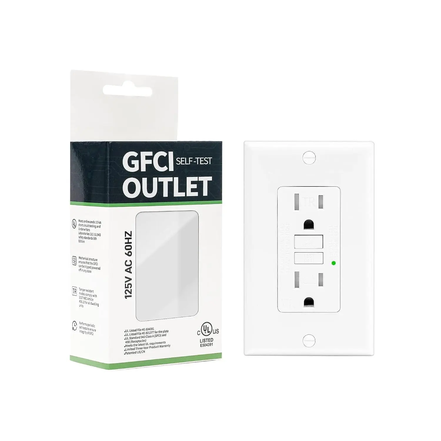 1-Pack 15 Amp GFI Electrical GFCI Outlet Self-Test Tamper Resistant (TR) Weather Resistant (WR) Ground Fault Receptacle with LED  UL Listed Standard Wall Plate Included White