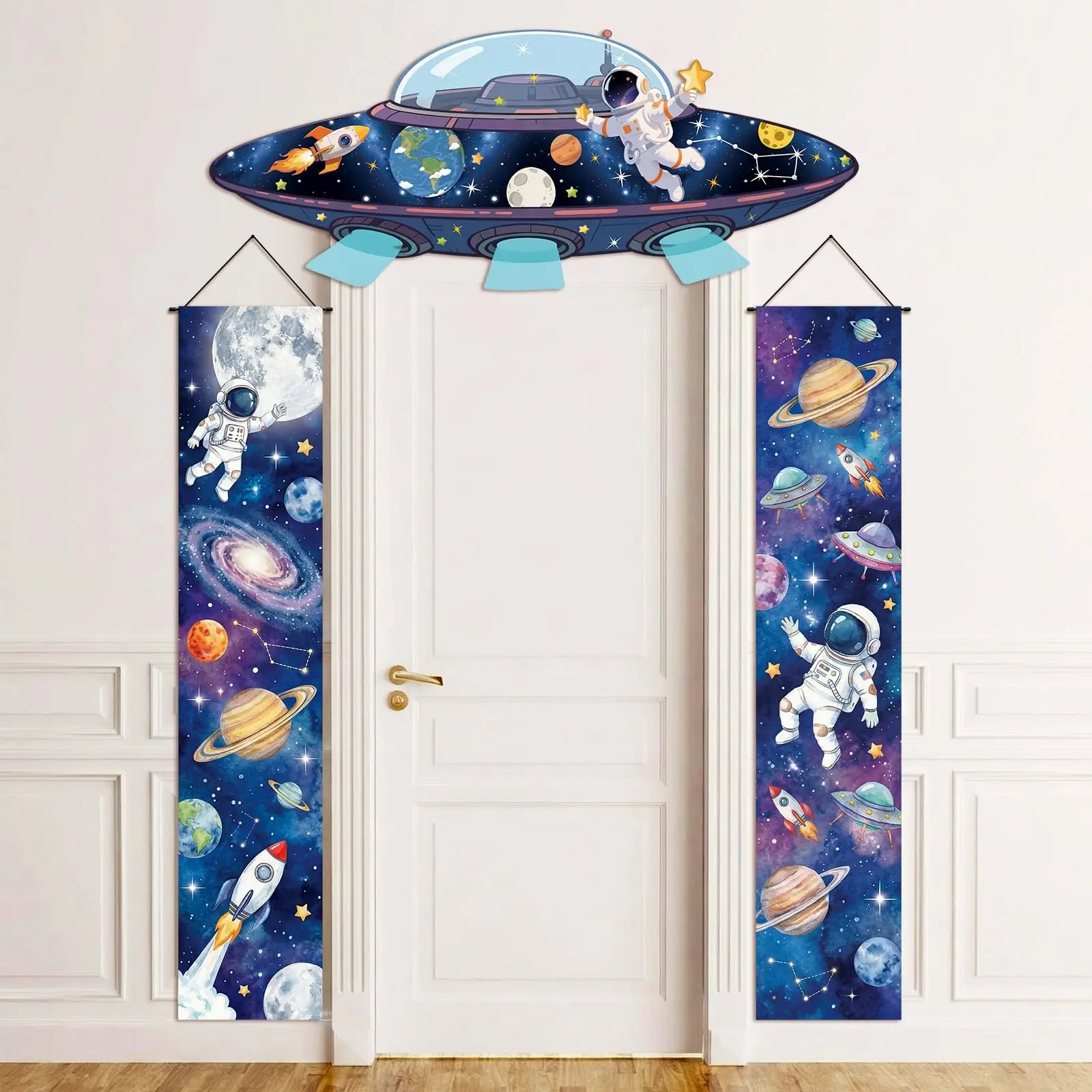 3-Piece Space Theme Party Decorations, Outer Space Porch Banner, Polyester Backdrop Banner, Spaceship Astronaut Door Sign, Galaxy Solar System Planet Background, Classroom Bedroom Birthday Supplies
