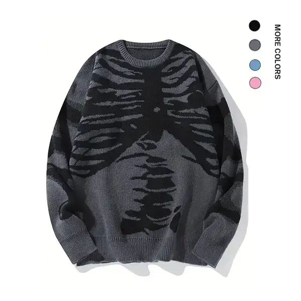 Sand Sound Men's Halloween Themed Skeleton Drop Shoulder Sweater, Casual Long Sleeve Round Neck Jumper for Daily Holiday Vacation Wear, Men's Knitwear, Comfortable and Warm Streetwear Versatile Pullover Sweater Stretchy Fabric Knitwear Tops Menswear