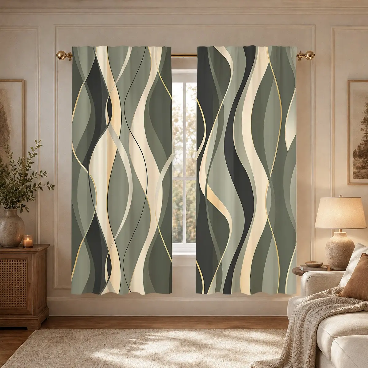 2pcs Forest Green Streamline Print Semi-Blackout Curtains Window Curtains. Modern, light luxury living room and bedroom fabric curtains, made of polyester, suitable for bedrooms, kitchens, studies, cafes, etc.