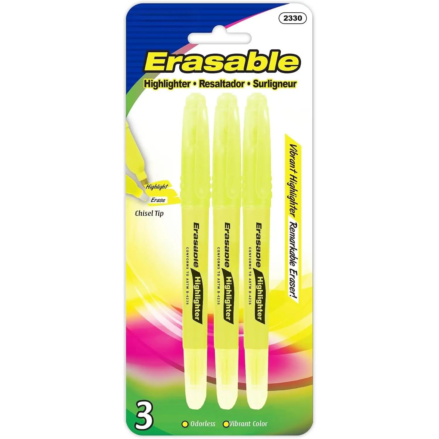 Yellow Erasable Highlighters, Eraser Tip, Chisel, 3 Ct | chisel tip  end, Yellow erasable highlighter, eraser tip the other, Odorless, , ASTM D-4236