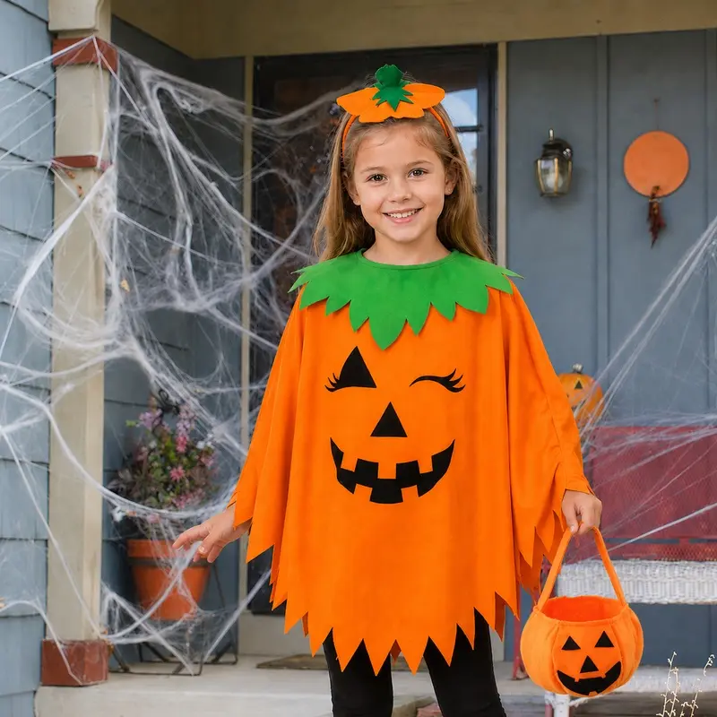 Kids' Glow-in-Dark Pumpkin Poncho Cape Costume with Headband, Polyester Clothes with Bold Pattern & Playful Look, Jack O' Lantern Trick-or-Treat Party Dress-Up Outfit