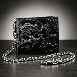 Vintage Dragon Wallet For Men Black Genuine Leather With Chain Card Purse