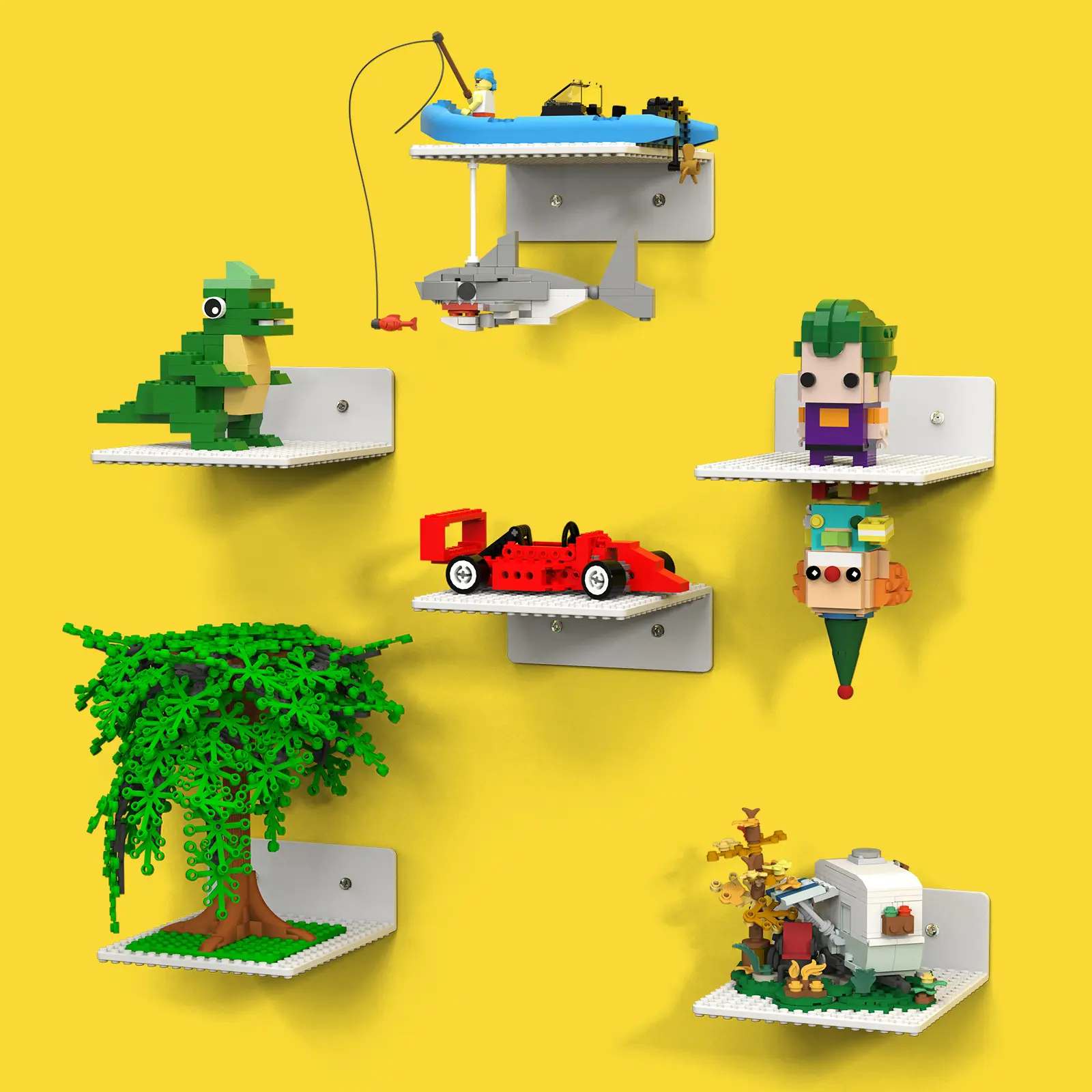 BlissBox 6-Pack Floating Shelves for Wall Compatible with Lego Building Bricks, 5x5.5inch Dual‑Sided 16x17 Studs for Minifigures Toy Brick Storage and Display, ABS Display Shelves for Room Decor, White