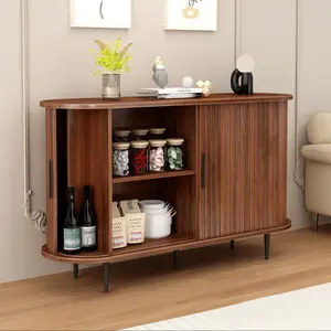Walnut Fluted Roller Shutter Sideboard Cabinet 47 Inch Wide Curved Oval MDF Credenza with Black Metal Legs Sliding Tambour Door Multi-Functional Storage Console for Living Room Kitchen Entryway Home Bar