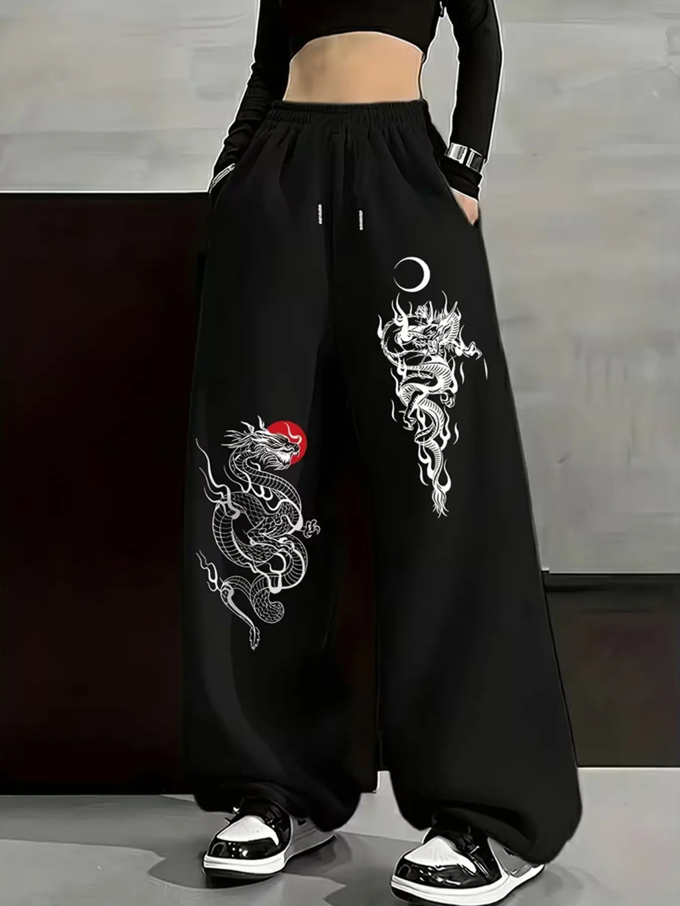 Women's Oriental Chinese Dragon Sun Moon Asymmetrical Print Elastic High Waist Dual Wear Drawstring Cuff Baggy Wide Leg Sweatpants Harajuku Y2K Aesthetic Loose Streetwear Jogger Trousers For Campus Daily Street Dance Selfie Outfit, Womenswear