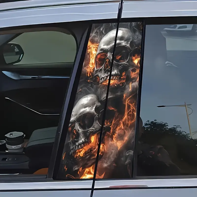 2pcs Flame Skull Vinyl Car Stickers - Easy to Apply and Remove, Durable and Scratch-Resistant B-Pillar Automobile Decals, Body Decals, Side Decals, Suitable for All Vehicles