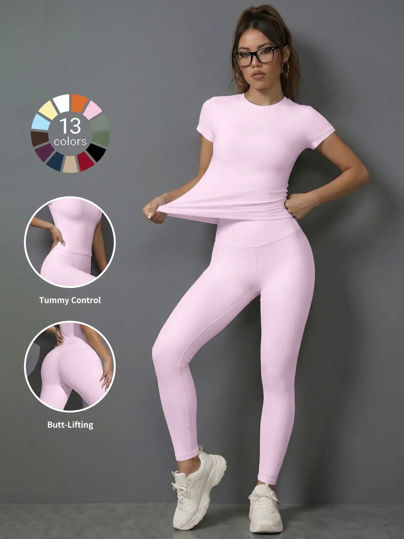 Women's Sporty Plain Slim Fit High-Waisted Yoga Pants & Short Sleeves Set, Exercise Clothing Set, Soft Breathable Activewear for Gym Running Outdoor Activities