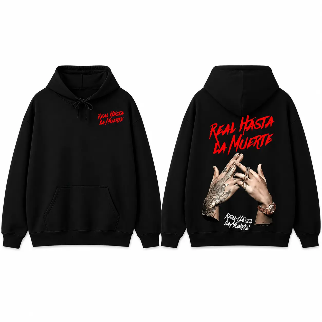Graphic Pullover Hoodie, Soft Unisex Streetwear Top with 'Real Hasta La Muerte' Tattooed Hands Print, Relaxed Fit, Tops, Apparel, Casual, Graphic Hoodies, Vivid Graphics
