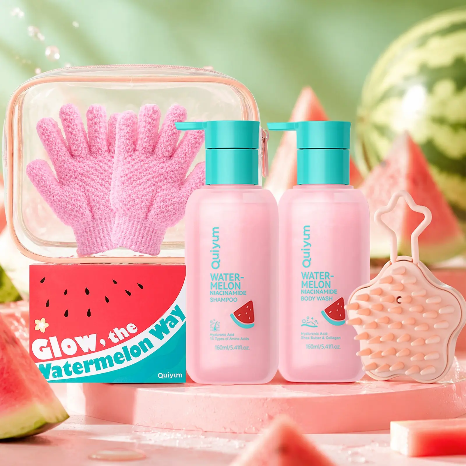 Cute Watermelon Niacinamide Shampoo and Shower Gel Set, Complete Hair and Skin Cleansing Spa Gift Body Care Bundle with Star Scalp Massager Brush, Exfoliating Shower Gloves & Clear Cosmetic Bag for Girls