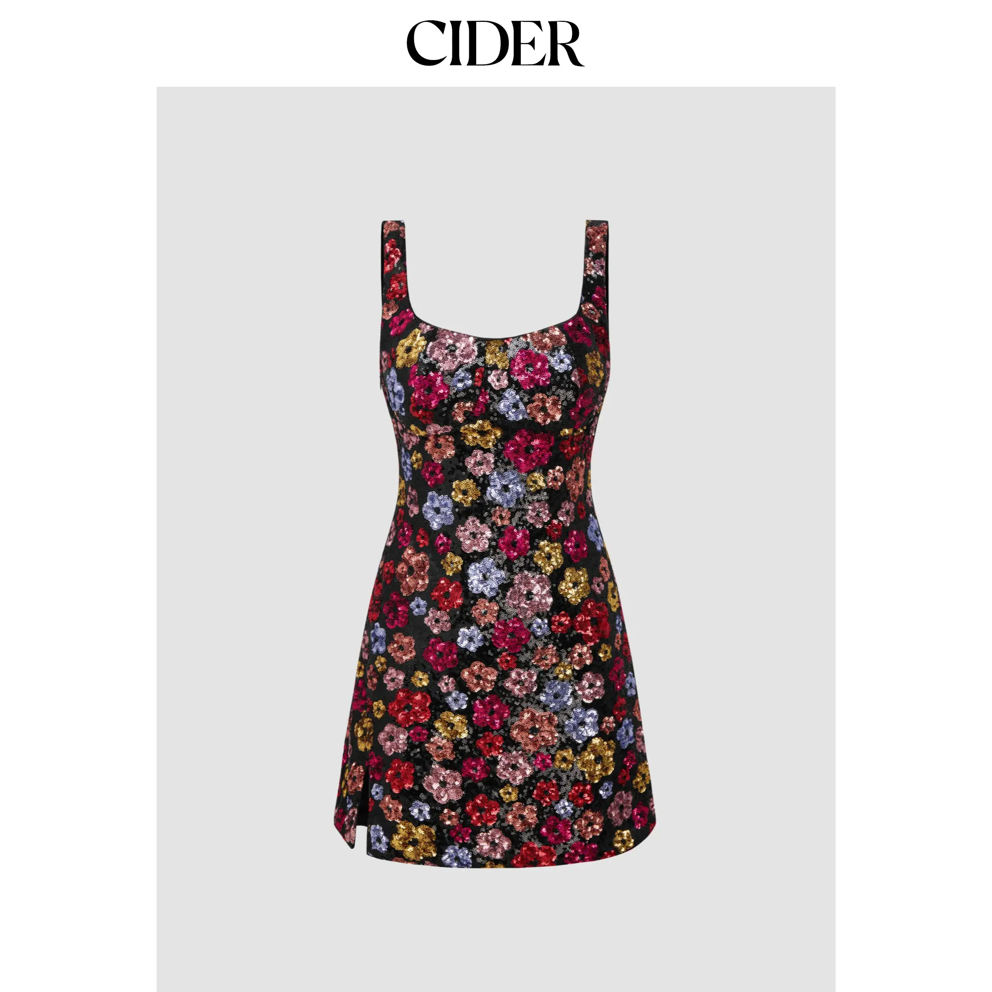 Cider Floral Sequin Scoop Neckline Split Mini Dress SohoChic