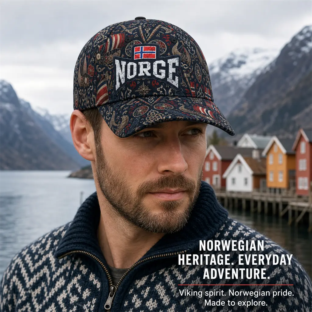 Unisex Viking Baseball Cap - Navy Crown, Nordic Graphic Print, Raised Embroidery Norge Patch, Curved Brim, Viking Ships Design for Outdoor Wear & Travel, All-Season Sports & Outdoor Hat