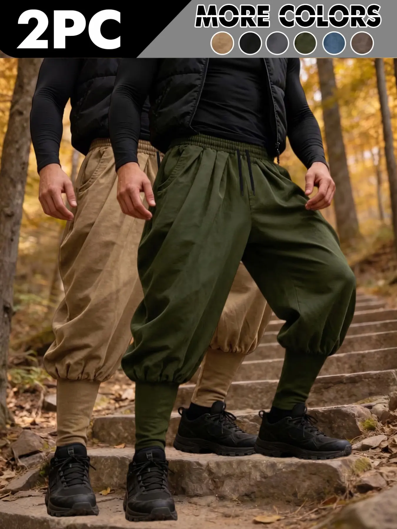 Men's Two-Piece Polyester Ninja Pants, Loose Harlan Style, Elastic Waist Drawstring, Streetwear Casual Long Pants, Ideal for Daily Wear, Outdoor Hiking