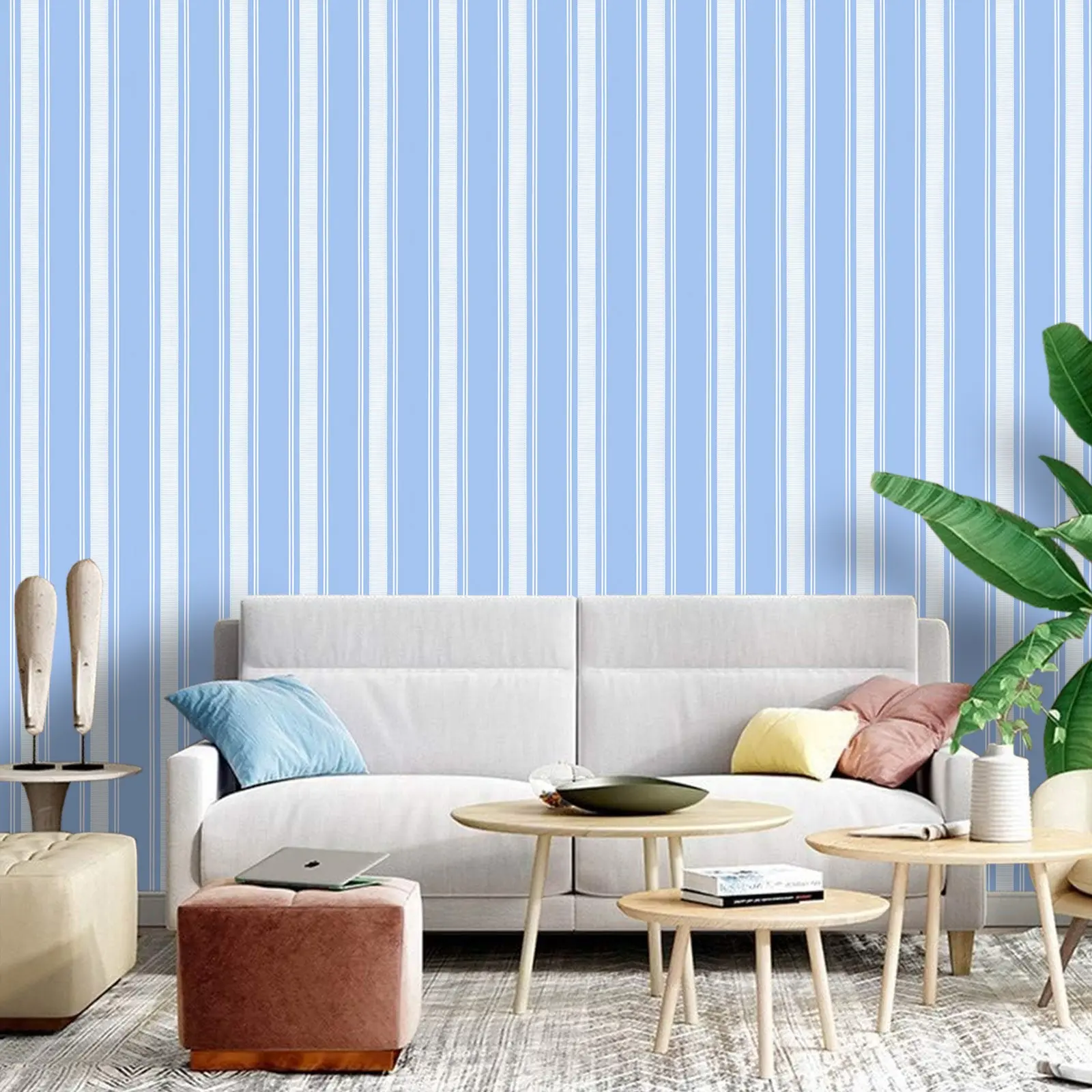 Light Blue Vertical Stripes Self-Adhesive Wallpaper, Modern Textured PVC Wall Sticker, Removable Waterproof Decorative Paper