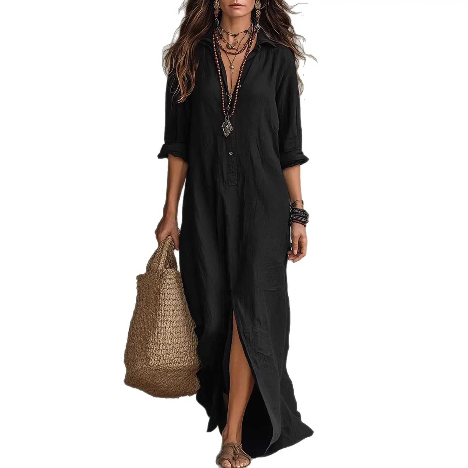 Women Casual Maxi Shirt Dress Linen Look Loose Button Up Long Dress Boho V Neck Side Split Kaftan Summer Vacation Beach Sun Dress Solid Color Oversized Loungewear 2026